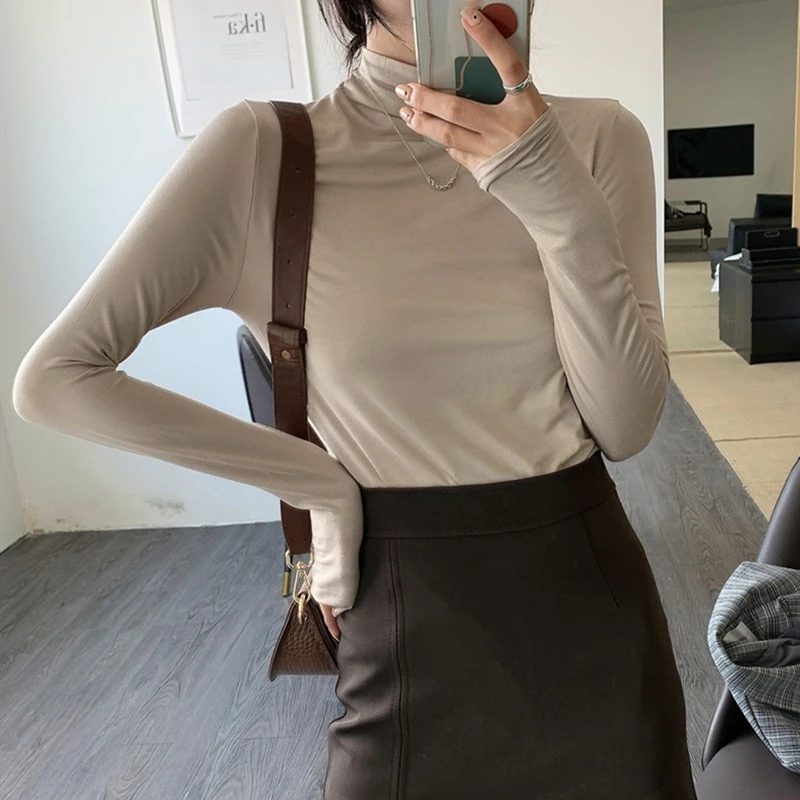 Новинка 2021 женские осенне-зимние футболки базовые эластичные модные