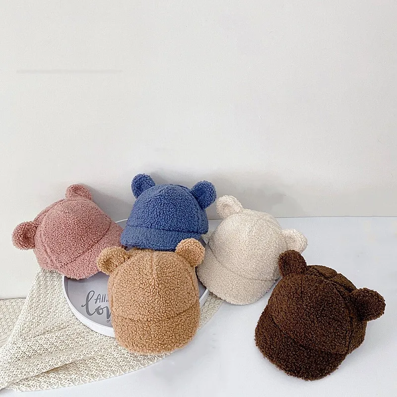 

Autumn Winter Outdoor Children's Lamb Wool Baseball Cap Boys Girls Cute Little Bear Ears Warm Peaked Cap 2021 New