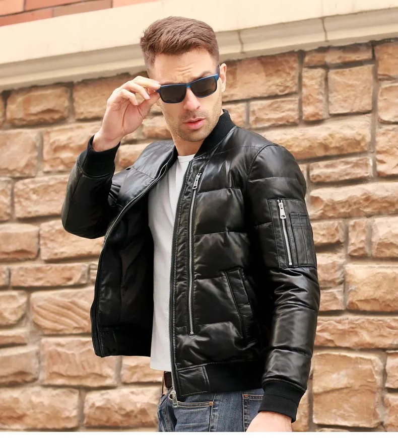 Italy fashion men's genuine sheepskin leather duck down coat male winter short motorcycle jacket black plus large big size 5xl | Мужская