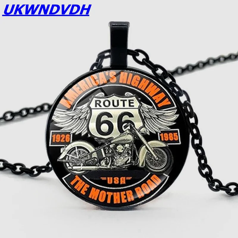 

2019 new fashion motorcycle style cabochon pendant necklace US 66 road retro necklace