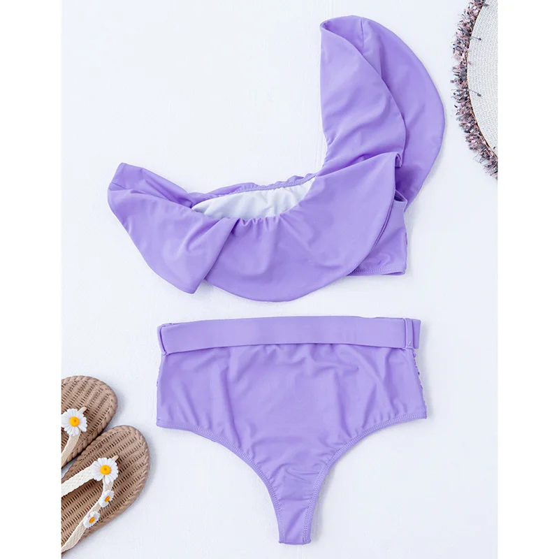 

Rivertrip Ruffle Bikinis Women's Swimsuits 2021 High Waist Swimwear Women Belted Bathing Suit Ruched Bikini One Shoulder Biquini