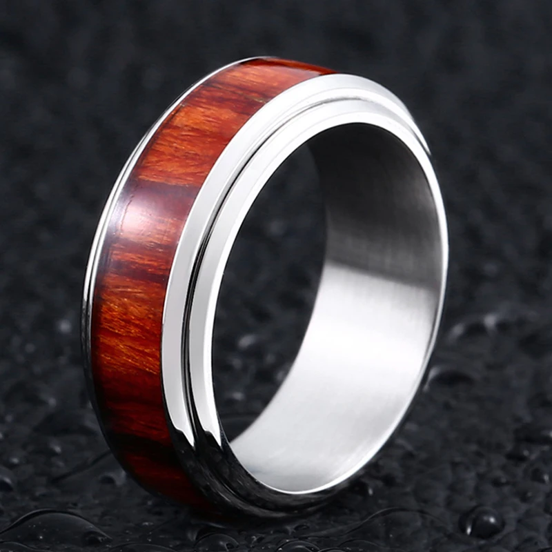 

Stainless Steel Inlaid Solid Wood Men And Women Temperament All-Match Ring Can Be Rotated Accessories Jewelry Wholesale