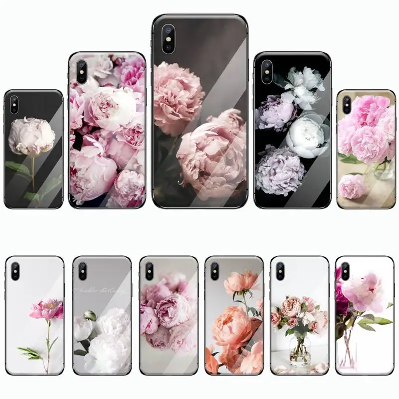 Пионы красивый цветок силиконовый черный чехол для телефона закаленное стекло