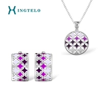 xingtelo 925 silver jewelry set round pendant pink purple geometric enamel pattern crystal silver chain stud earrings for women