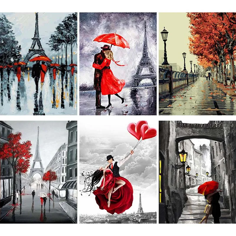 

5D Crystal Diamond Painting Red Umbrella Spouse DIY Diamond Embroidery Iron Tower Rain Alley Home Decor Mosaic Character U1