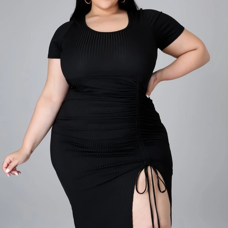 

O Neck Dresses Women Sexy Slit Drawstring Short Sleeve Balck Summer Slim Dress Office Lady Casual Party Wear Robe Plus Size 5XL