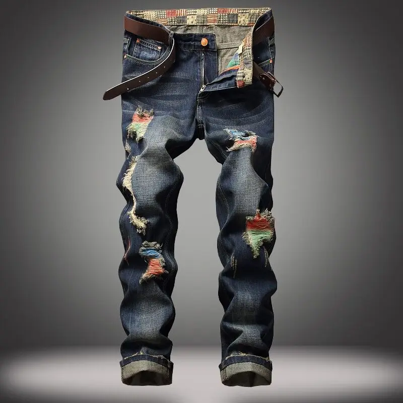 

Джинсы мужские рваные с дырками, брендовые дизайнерские брюки из денима, бархатная уличная одежда в стиле хип-хоп, панк, размеры 28-42, Осень-зи...