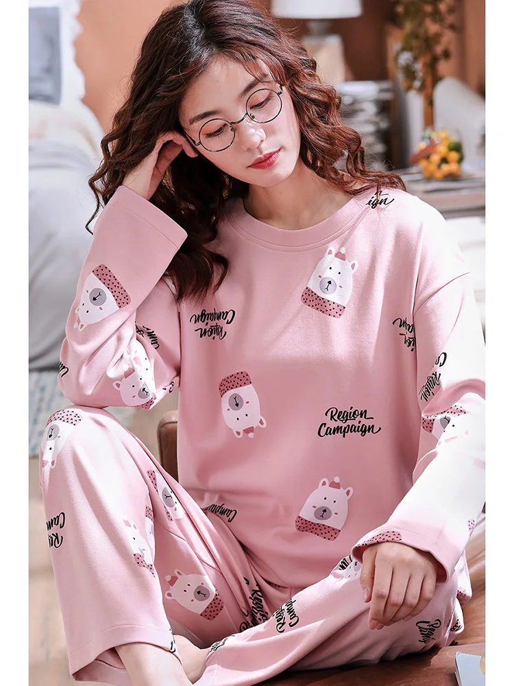 

BZEL Cartoon Printed Women's Pajamas Round Neck Female Pyjama Sets Long Sleeves Long Pants Pijama Soft Sweet Sleepwear Plus Size