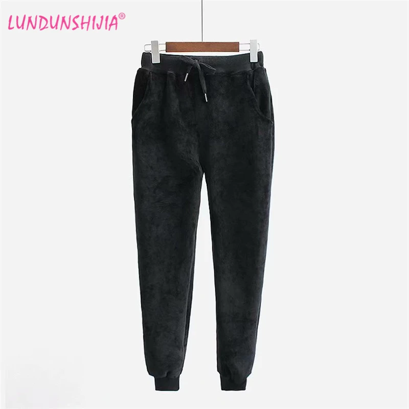 Брюки женские LUNDUNSHIJIA черные теплые плюшевые шаровары повседневные свободные