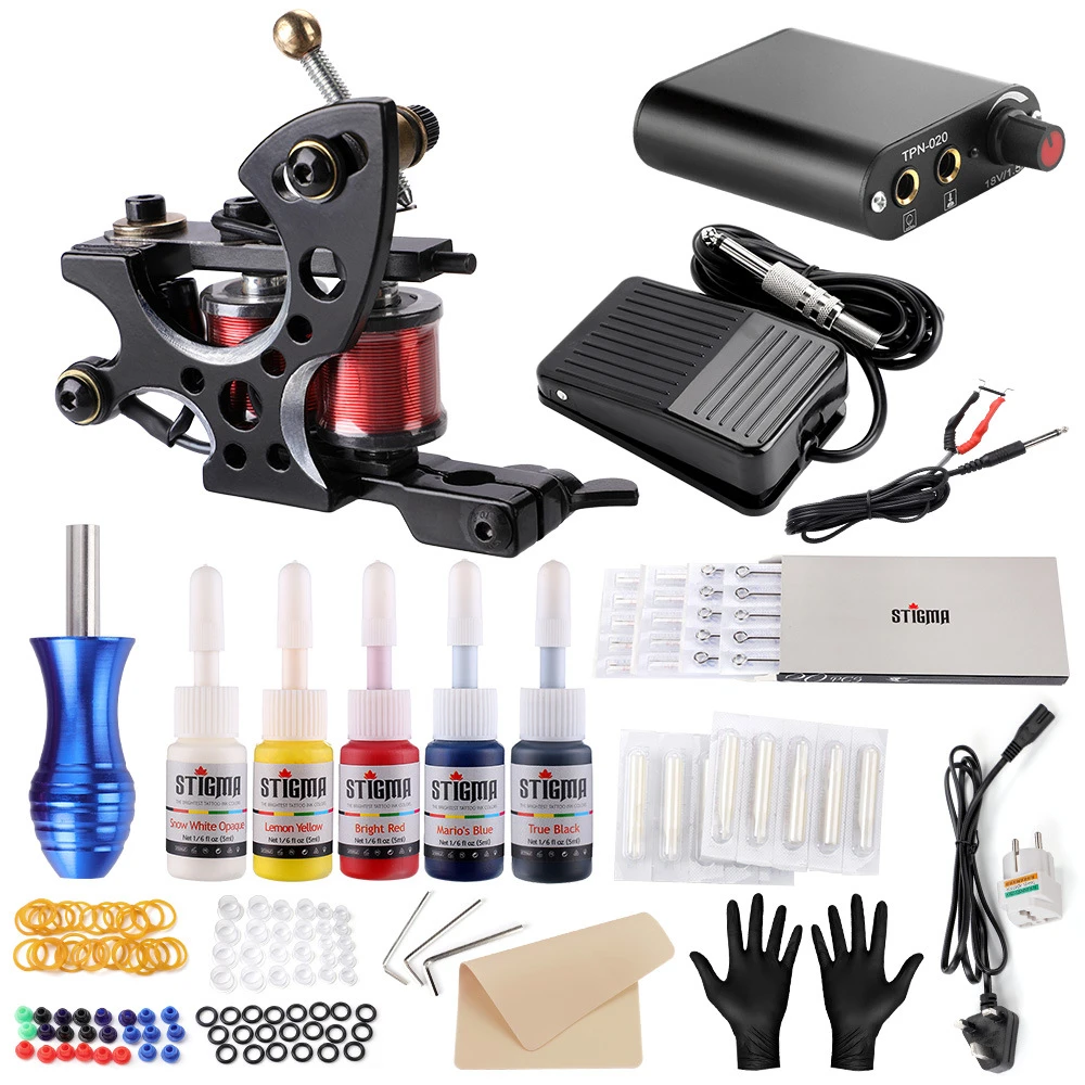 Complete Tattoo Machine Kits 1 Coil Gun Linder Shader 5 Colors Pigment Ink Cup Power Supply Needles Grips Set Supply Free Ship