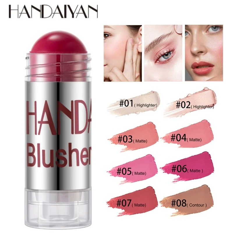 

HANDAIYAN Crayon Blush Stick Moisturizing Smooth Rouge Pen Long Lasting Matte Glitter Creamy 3 in 1 Face Lips Eyes Makeup