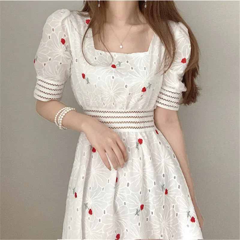 

2021 Summer Korean Square Collar Hollow Out Puff Sleeve Flower Embroidery Dress Female High Waist Mid-length Dresses Vestidos