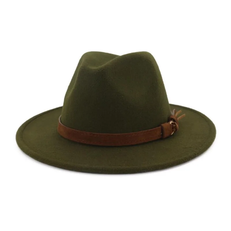 Шерстяная шляпа Fedora для женщин и мужчин, джаз, церковь, Панама, шляпа с кожаная лента, Элегантная Леди, зима, осень, широкие шляпы сомбреро - Цвет: amry green