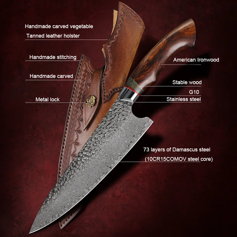 FZIZUO 8-inch Chef Knife with Ironwood and G10 Handle Japanese Handmade Damascus Steel Kitchen Vegetable Fish Knives Sheath | Дом и сад
