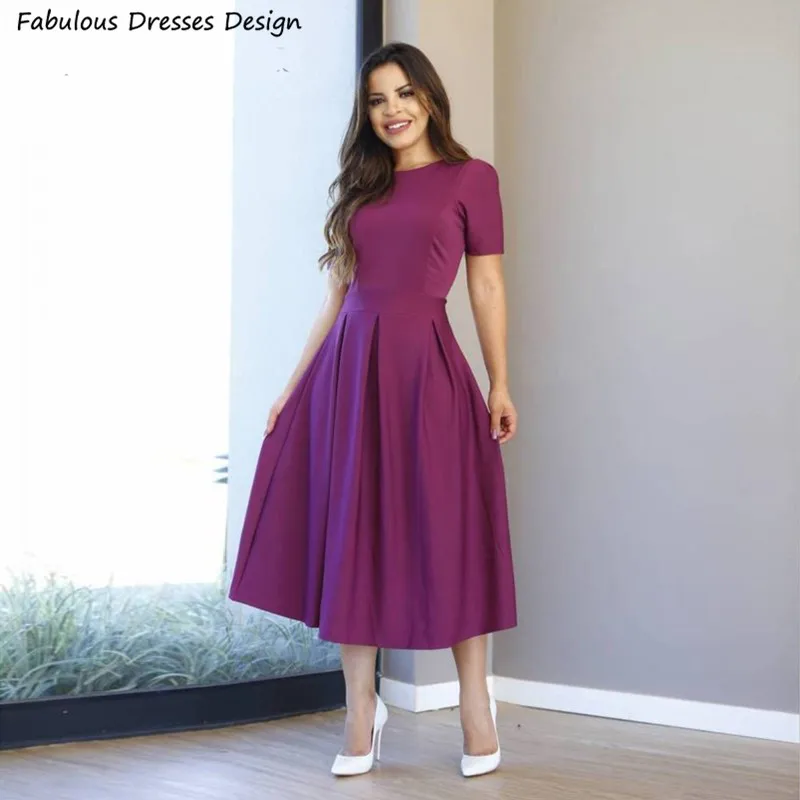 

Простой Фиолетовый Чай Длина Выпускные платья короткий рукав с круглым вырезом трапециевидной формы на заклепках; Атласные вечерние модел...