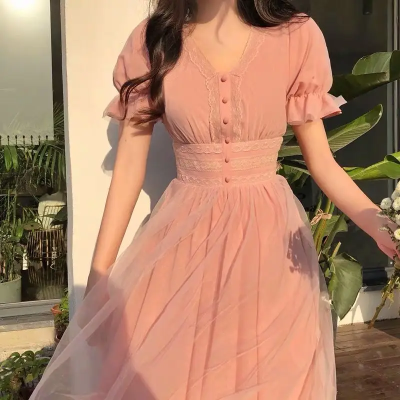

Mesh Vintage Dress Women Puff Sleeve V-neck Slim Korean Style Party Dress Casual Elegant Kawaii Princess Midi Dress 2021 Summer