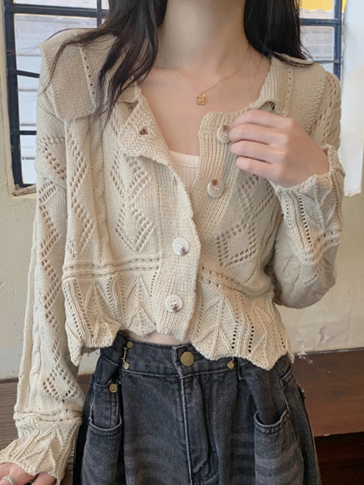 

Knitted Cardigan Women's Wear Spring and Autumn Hollow Out Thin Sweater Coat 2021 New Pure Style Spice Girl Short Coat