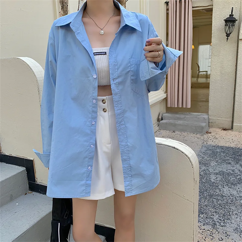 

HziriP Blue Solid Oversize Minimalist Fashion Office Lady 2021 Summer Thin Loose Outwear Casual Chic Femme All-Match Shirts