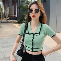 2022 elegant knit t shirt women summer turn down collar polo shirts pullovers knitted crop top designer streetwear slim clothes