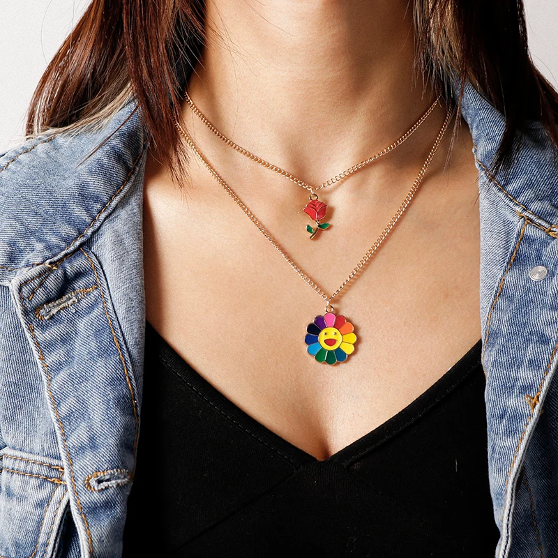 

Cute Double Layer Necklaces for Women Sunflower and Rose Pandent Choker Necklace Collares Collier Femme Girls Jewelry Gift
