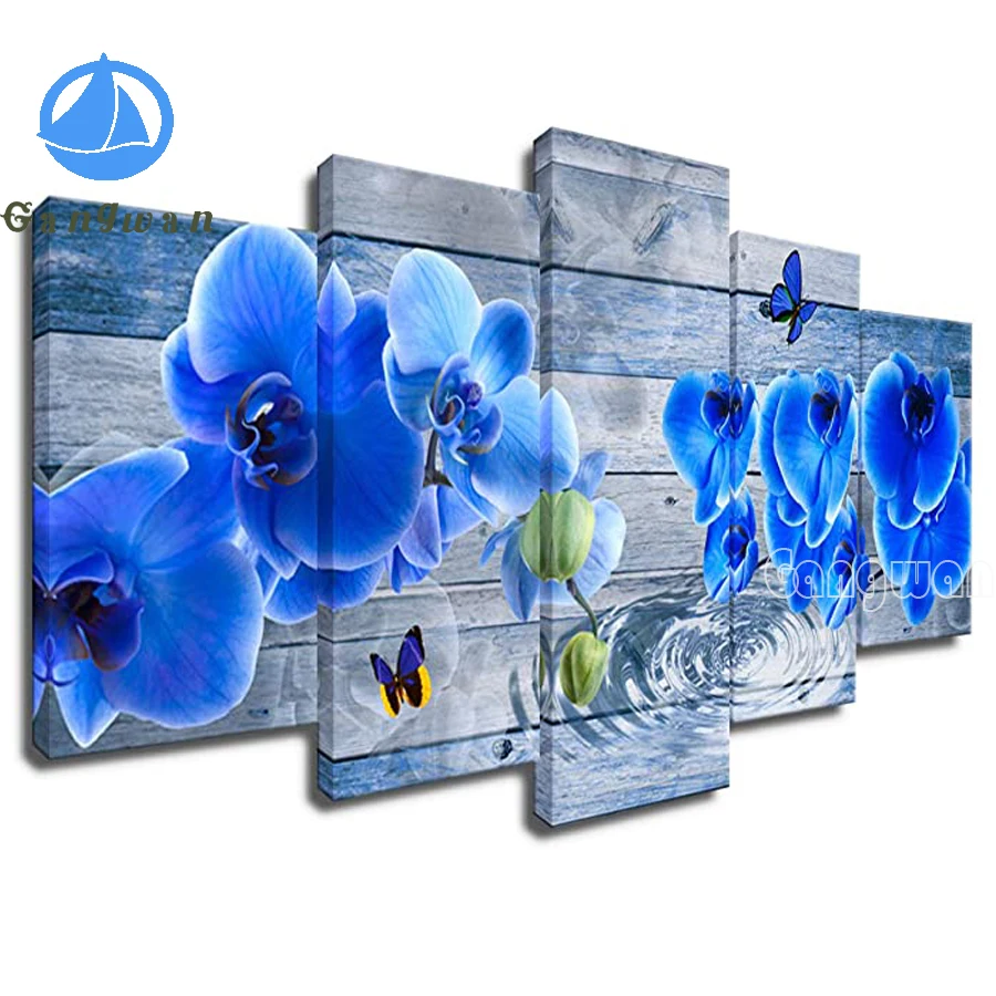 

Набор для алмазной вышивки «Голубая орхидея», картина из 5 панелей, полноразмерная мозаика 5d «сделай сам» с квадратными стразами, Набор для вышивки крестиком