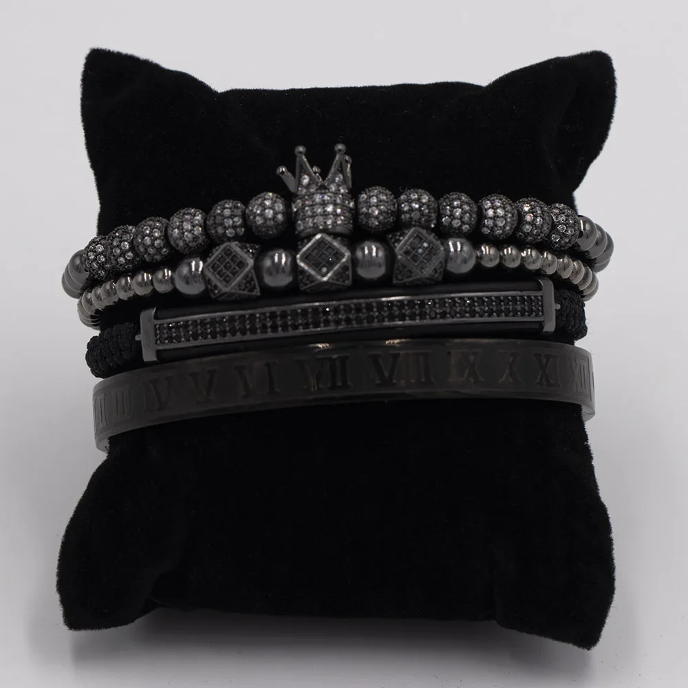 4 pcs set black Мода роскошный Римский Королевский браслет с шармом с короной для мужчин Золотой Плетеный Регулируемый мужской браслет для хип хоп ювелирный подарок - Metal Color: 4 pcs set black