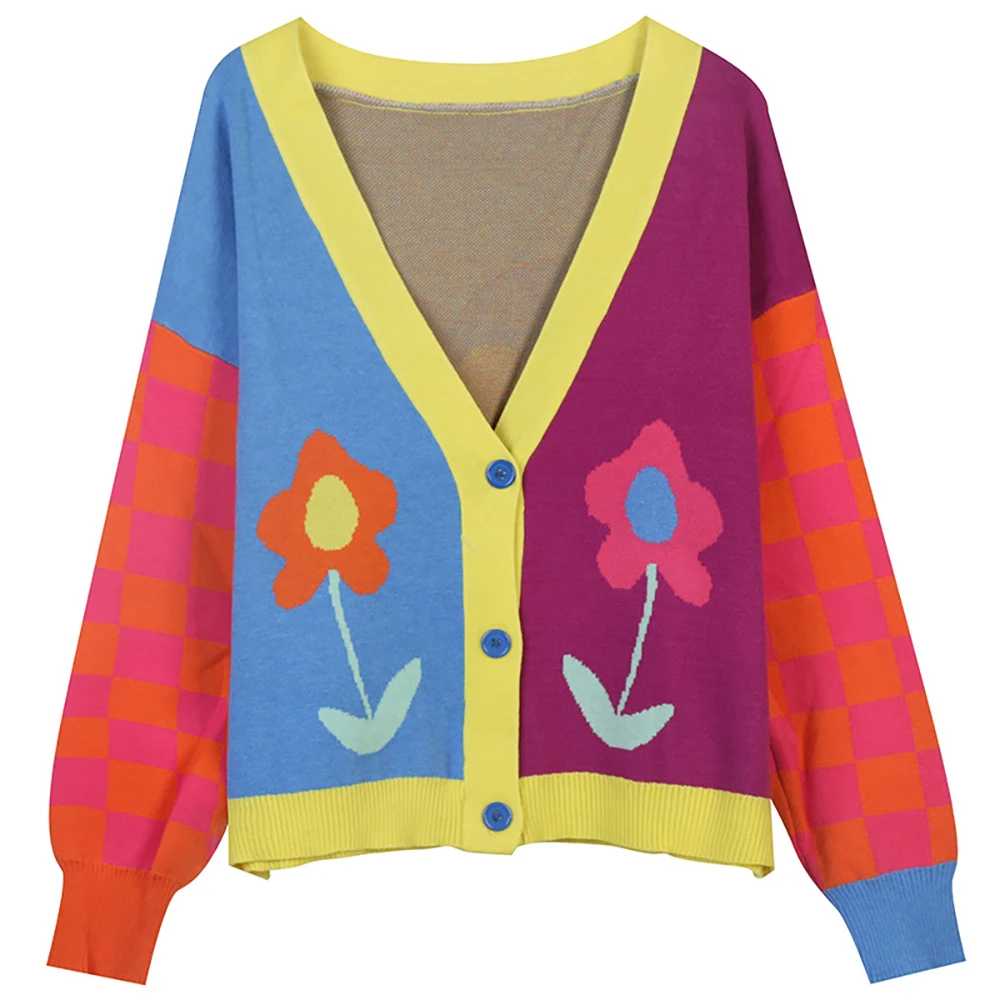 

Women's 2021 Autumn Winter New Short Contrast Color Flower Jacquard Sweet Slim Fitting V-Neck Knitted Cardigan Coat