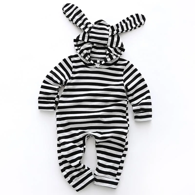 

Baby Rompers Newborn Infant Children Cartoon Bunny Ears Striped Hooded Jumpsuit Spring Autumn Baby Boys Girl Clothes