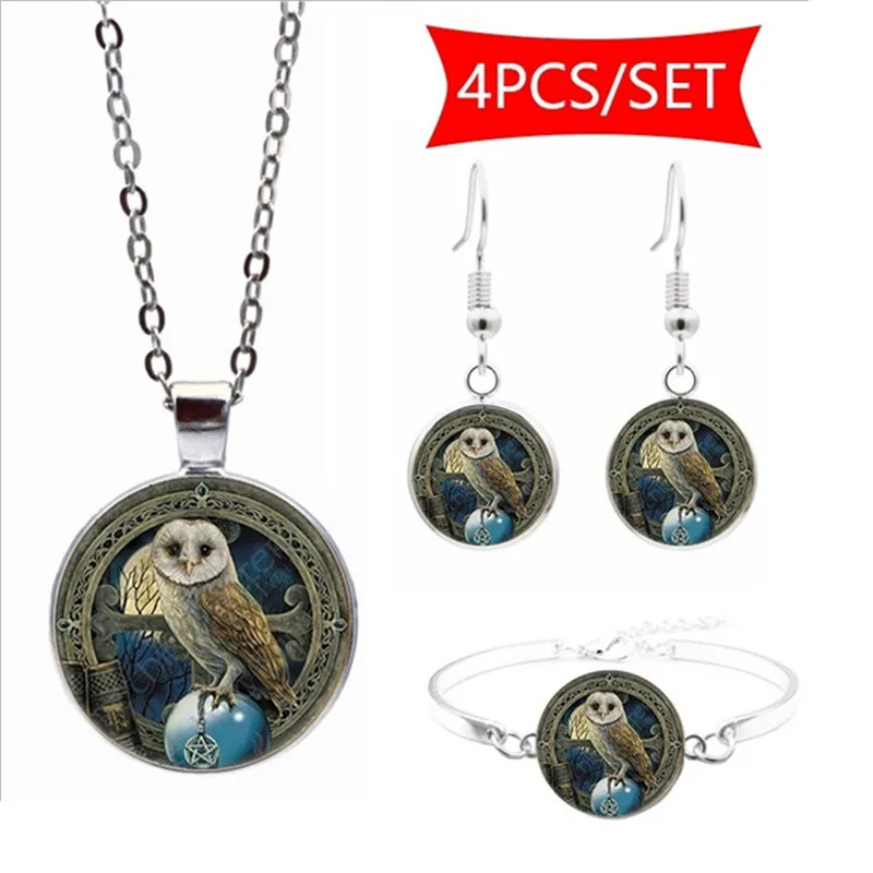 

Celtic Wicca Owl Art Photo Jewelry Set Cabochon Glass Pendant Necklace Earring Bracelet Totally 4 Pcs for Women's Fashion Gifts