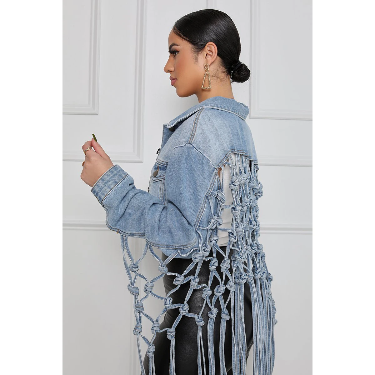 Fit Crop Tops Back Grid Tassel  Denim Jacket for Women Long Sleeve Pocket Jacket Femme Overcoat Single Breasted Chic Jean Coat