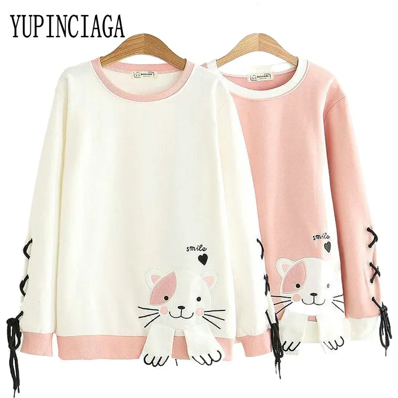 Women's Cat Embroidery Hoodies Sweatshirt Long Sleeve O-Neck Patchwork Tracksuit 2020 Spring New Girl Loose Casual Pullovers