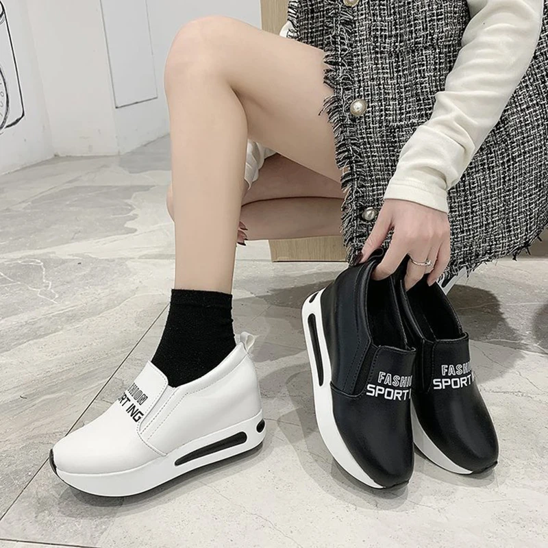 

Platform Sneakers Women Casual Slip-On Internal Increase Sport Shoes Woman Spring New Fashion White PU Flat Sneaker Female