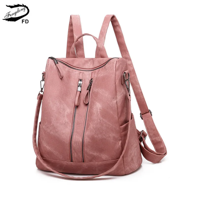 pink FengDong, женский кожаный рюкзак, Женский минималистичный повседневный рюкзак для путешествий, женская сумка на плечо, школьный рюкзак для девочек - Цвет: pink