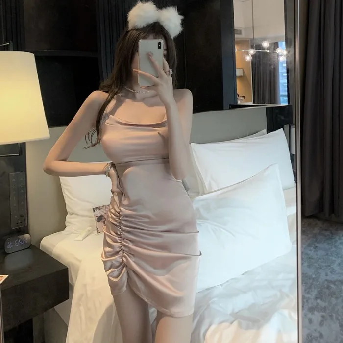 Женское атласное платье с лямками kywommnz привлекательное мини на бретельках сзади