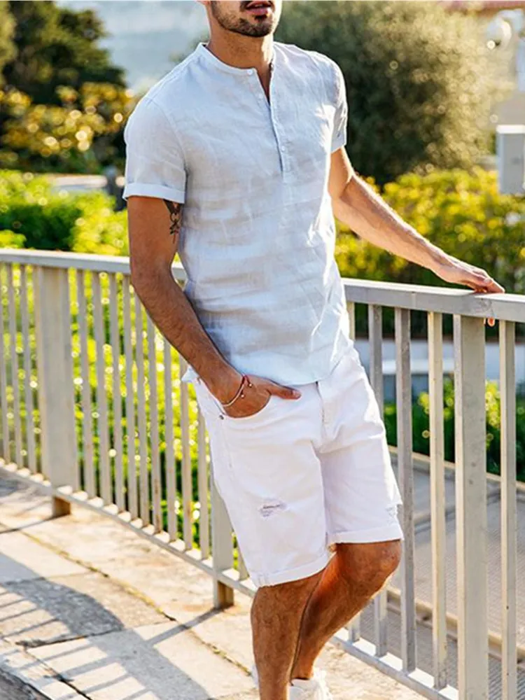 

2021 High Street O-Neck Fashion Summer Pure Color Casual Cotton Henry Loose T-Shirt Brand Men's Linen Button Top Men's Clothing