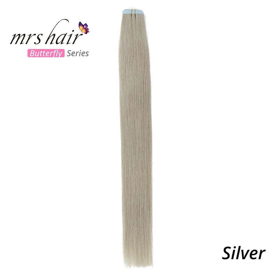 MRSHAIR 6# кожи уток человеческих волос прямой 20 штук ленты в расширение номера Волосы remy двухсторонней ленты для волос 1" 18" 2" 22" 24" - Цвет: Серебристый
