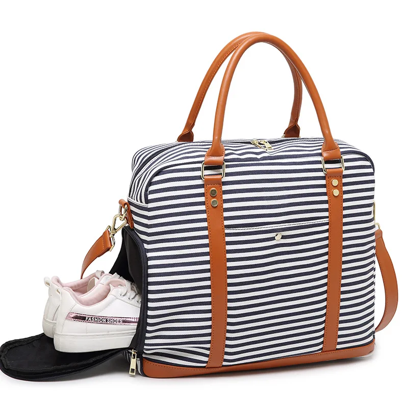 Women's Canvas Striped Waterproof Travel Storage Bags Sports Fitness Short Trip Large-capacity Handbag Luggage Packs Cross Body