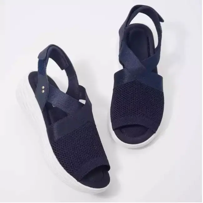 

2021 Summer Fashion Breathable Mesh Sandals Casual Ladies Solid Knitted Mesh Slippers Adjustable Slope Heel Comfortable Sandals