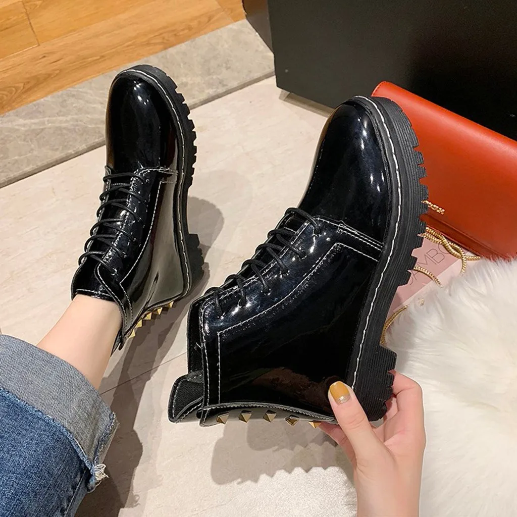 Женские ботинки на плоской подошве с круглым носком Модные однотонные