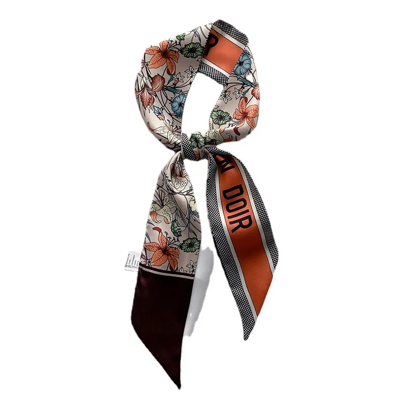 

2021 Spring New Thin and Narrow Strip Silk Scarf Female Professional Scarf Letter Tie Hair Band Bag with Printed Scarf