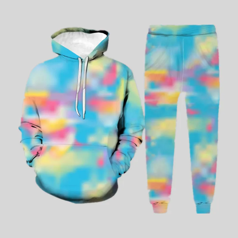 Autumn Trendy Hoodie Sweatshirt Suit Ink Graffiti Hooded Tracksuit Mens Sets Couple Casual Long Sleeve Tops and Pants Outfits
