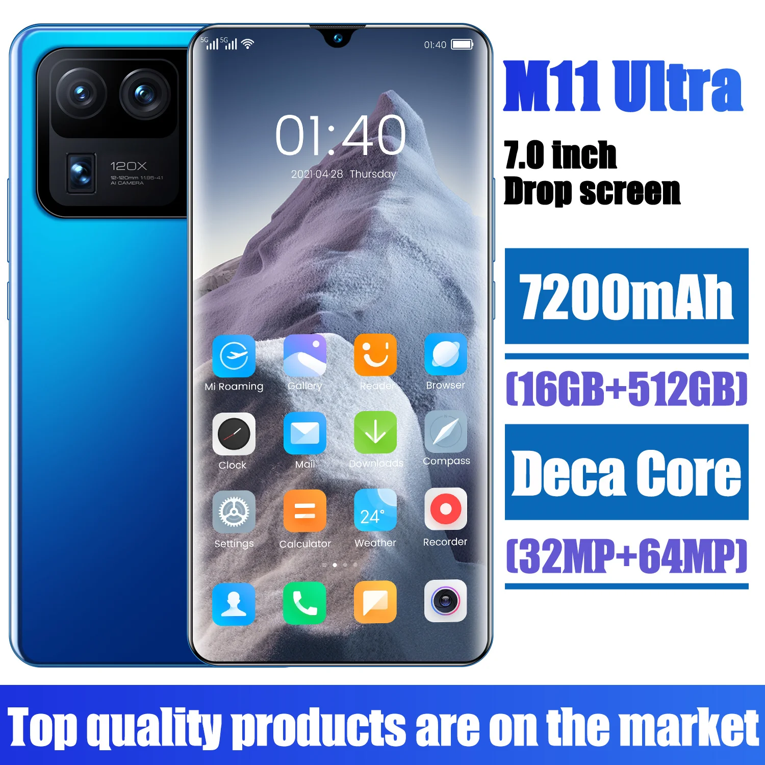 

Global Version Smartphone Xiao M11 Ultra 7.0 Inch Snapdragon888 Android11 512G 16G Deca Core 4G LTE 64MP 7200mah Undefined