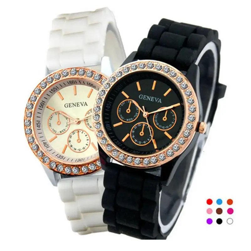 2020 Женева стразы силиконовый ремешок черные женские кварцевые часы модные