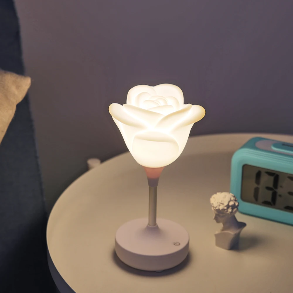 

USB Rechargeable Pink White Rose LED Reading Light Decorative 3 Level Dimmable Romantic Sweet Warm Flicker Free Desk Table Lamps