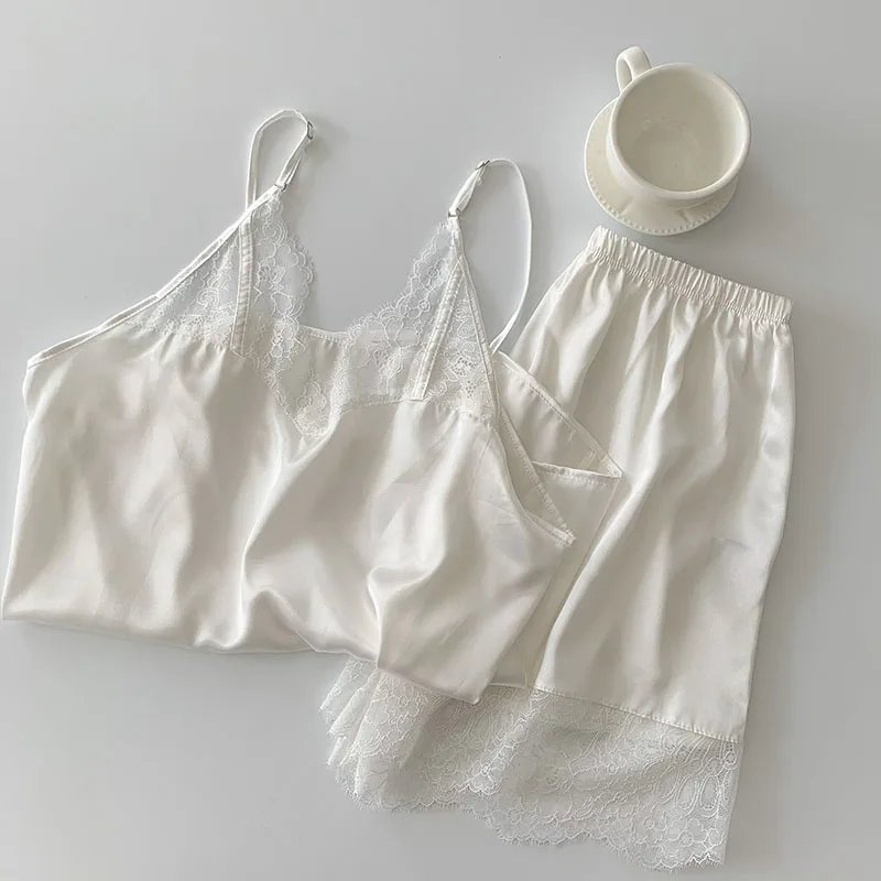 

Women Sleepwear Summer New Pajama Set Lace Patchwork V-Neck Faux Silk Satin Sleeveless Sexy Camis Female Pijamas Home Wear Short