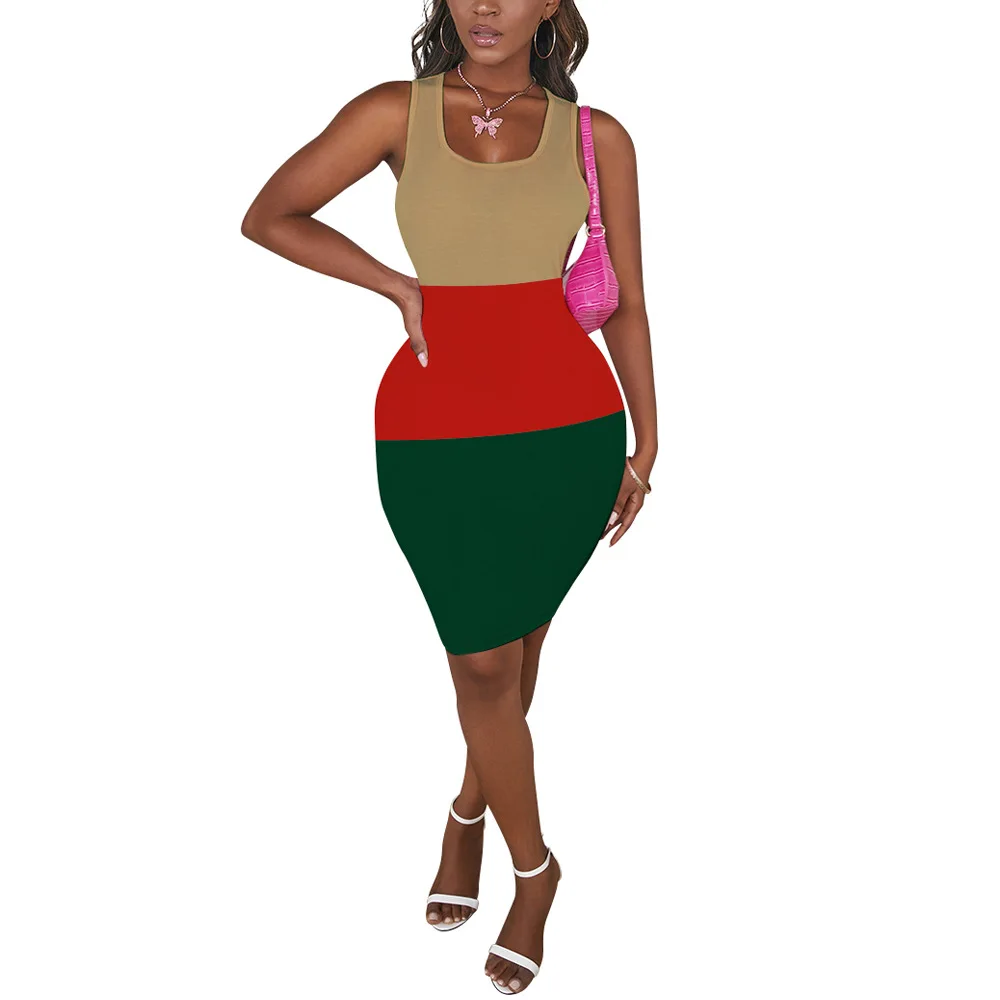 

Y2K Knit Bodycon Dress Women Sleeveless 2021 Summer Beach O-neck Print Patchwork Sexy Party Mini Dresses 90S Holiday Vestidos