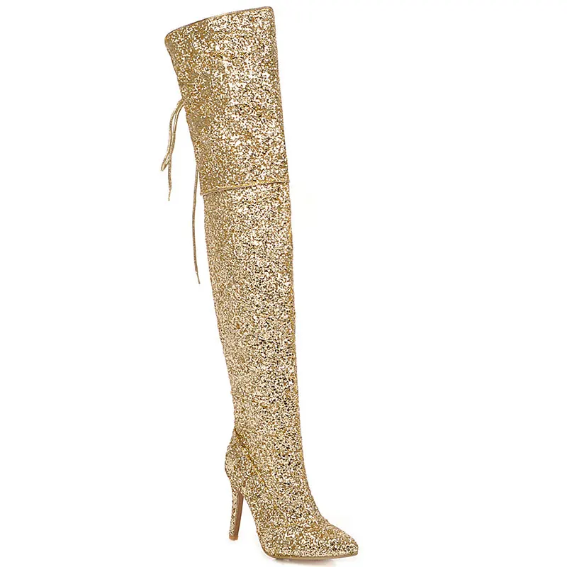 Женские свадебные сапоги до бедра sgesвье с блестками золотистые серебристые