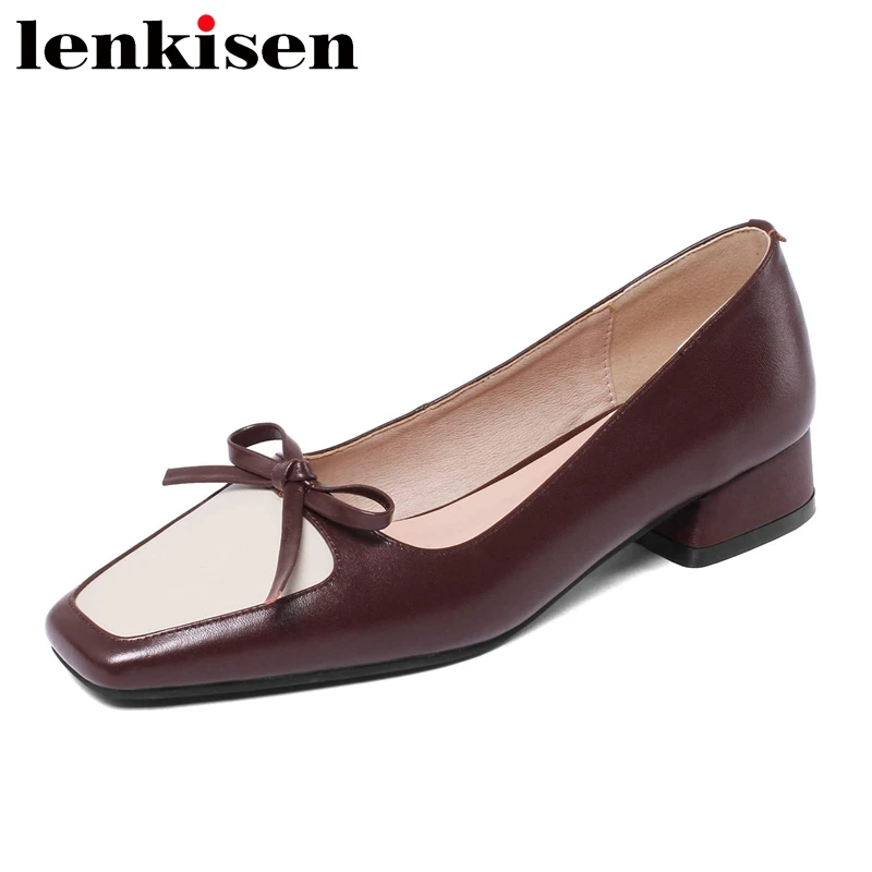 

Lenkisen large size full grain leather square toe med heel mixed color bowtie preppy style young lady dating summer pumps L20
