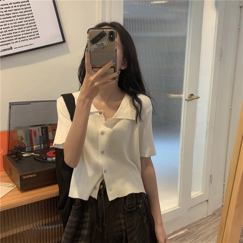 

Polo Collar Knitted T-shirt for Women 2021 Summer New Korean Style All-Matching Slimming Solid Color Short Sleeve Cardigan Top