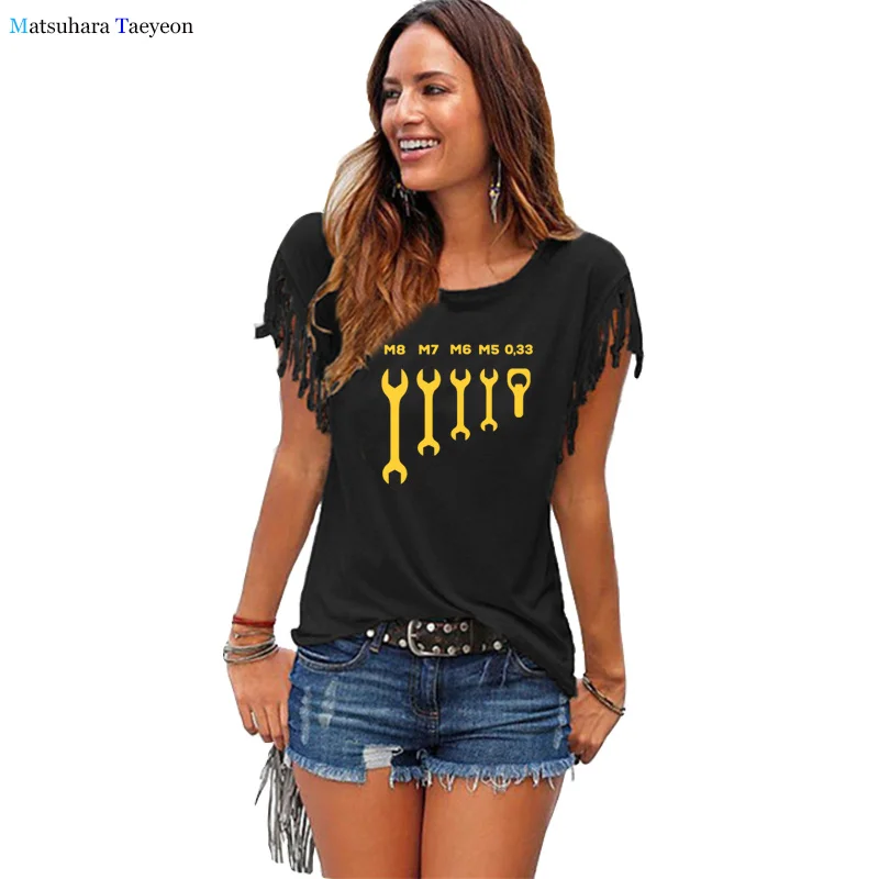 

New Women Funny wrench jaw spanner beer car mechanic Gift T shirt Design Short Sleeve O-Neck Tassels Loose Tops Funny shirt